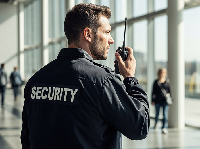 A security guard in a black uniform with SECURITY on the back is speaking into a walkie-talkie in a bright, modern building with large windows. People are walking in the blurred background.