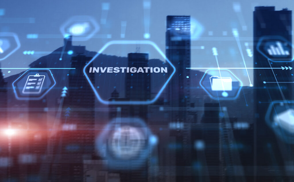 Futuristic cityscape background with digital hexagons overlay, featuring the word INVESTIGATION in the center and icons representing data, documents, and analytics.