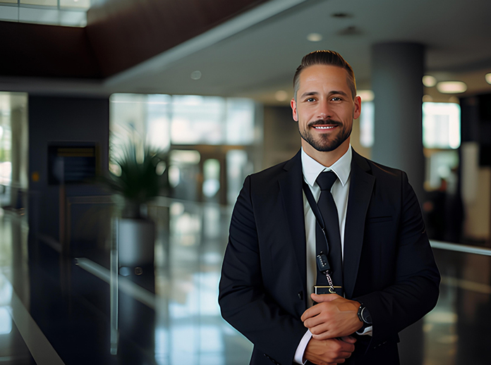 A smiling man in a black suit and tie stands in a modern office lobby with large windows, polished floors, and a potted plant in the background. He holds a badge and wears a watch.
