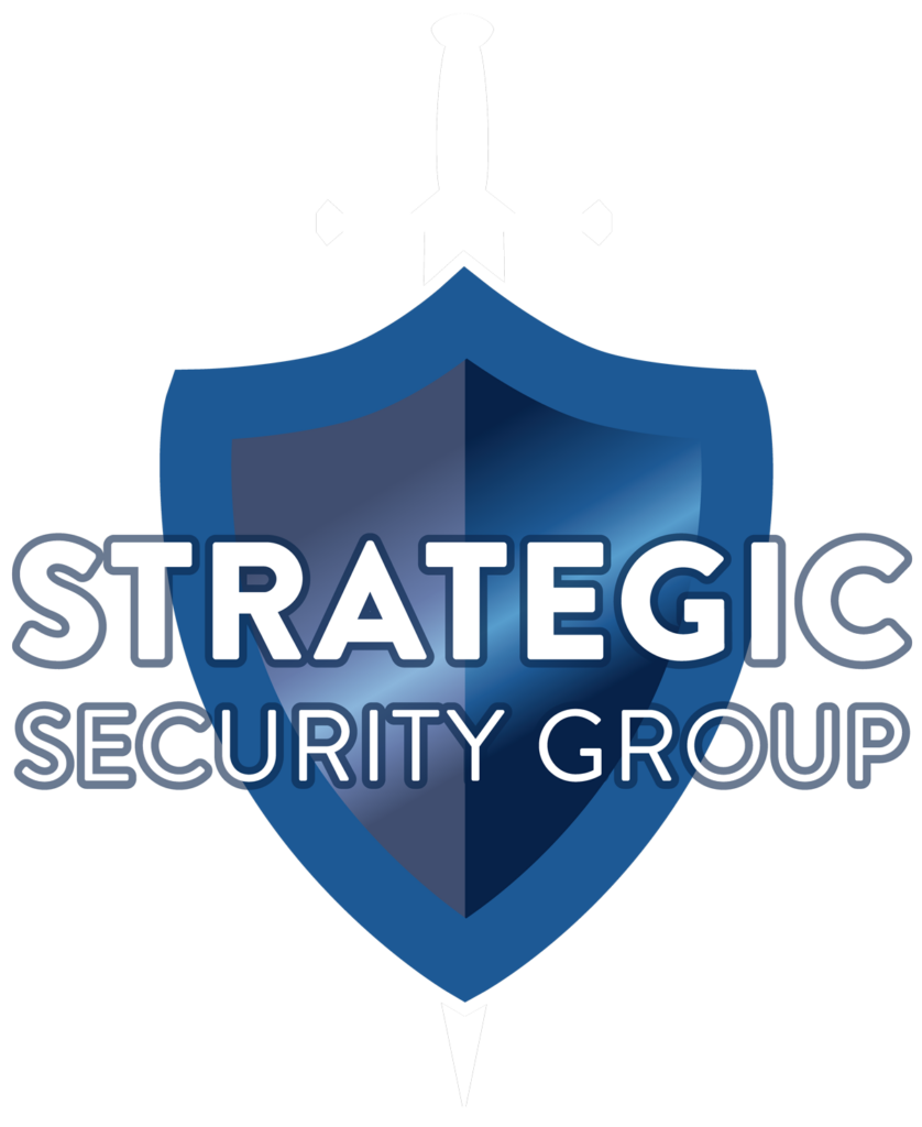 Logo for Strategic Security Group featuring a blue shield and a white sword in the background. The words STRATEGIC SECURITY GROUP are written across the shield in bold, uppercase letters.
