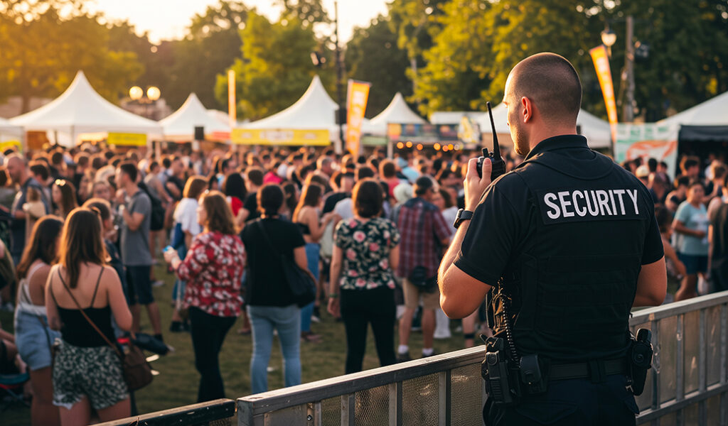 A security guard in uniform stands by a barricade, speaking into a radio, overseeing a large crowd at an outdoor event with white tents and trees in the background during the day.